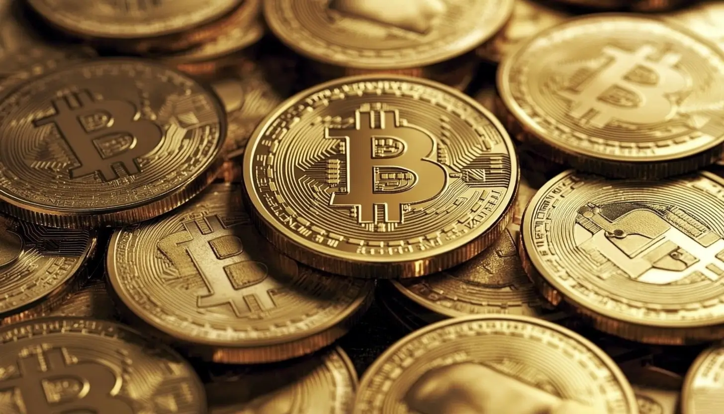 黄金色のビットコイン硬貨が複数重なり合って置かれている様子