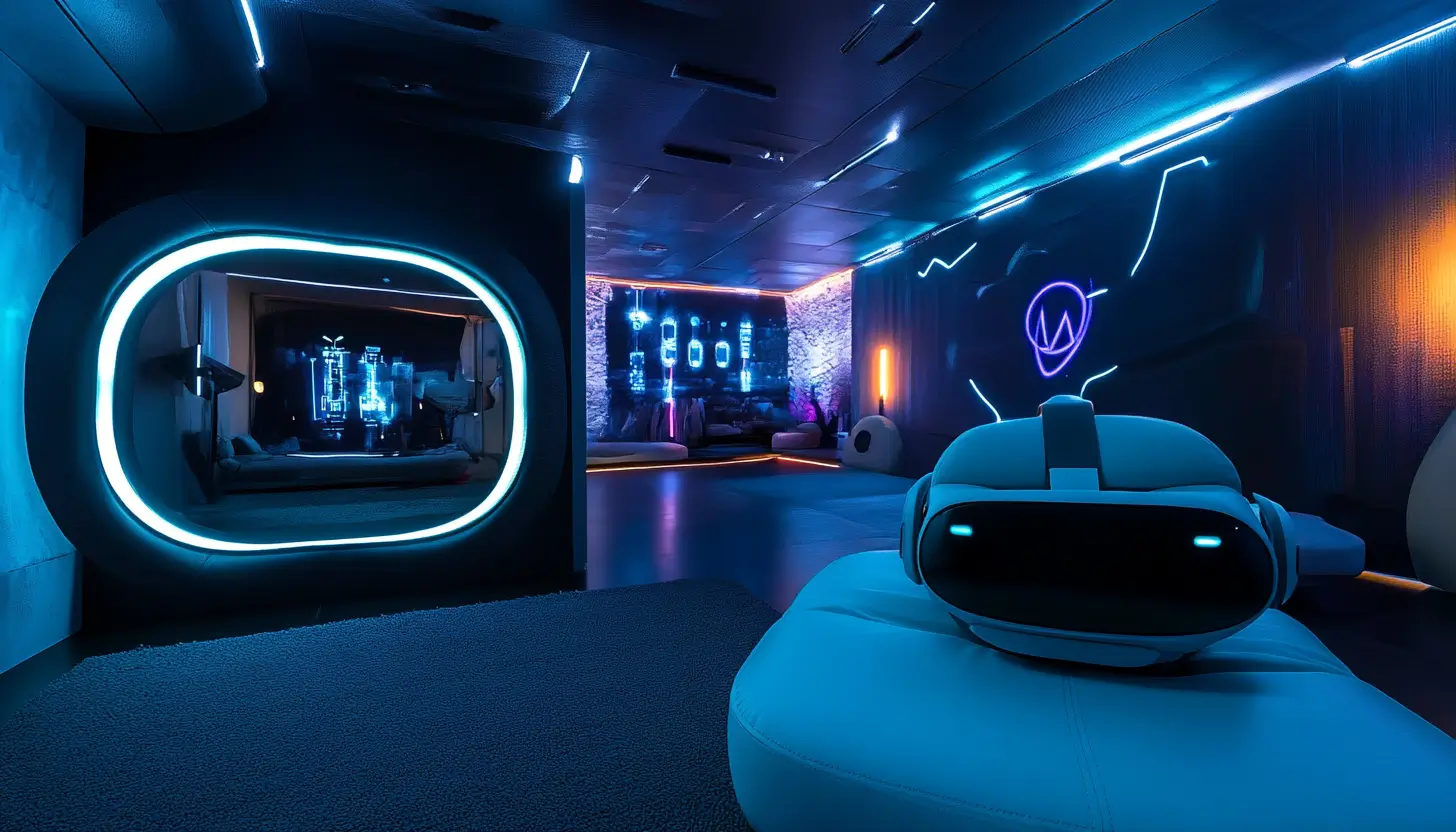 青い光に照らされた未来的なVR体験ルーム、中央にVRヘッドセットが置かれている