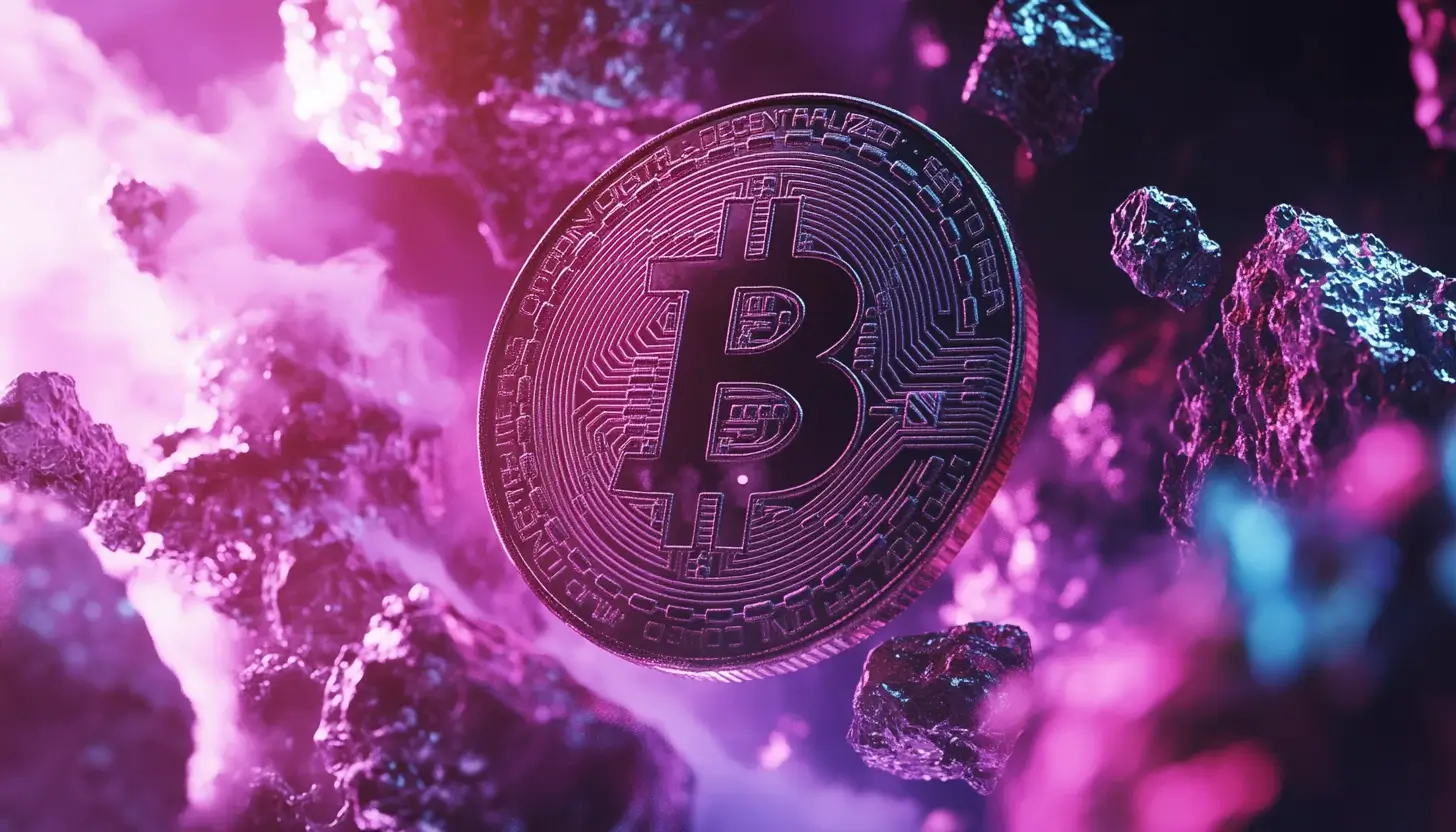 紫とピンクの光の中で岩に囲まれたビットコイン硬貨