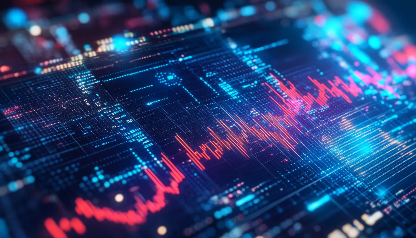 青と赤の光で表現された複雑なデジタルチャートとグラフ