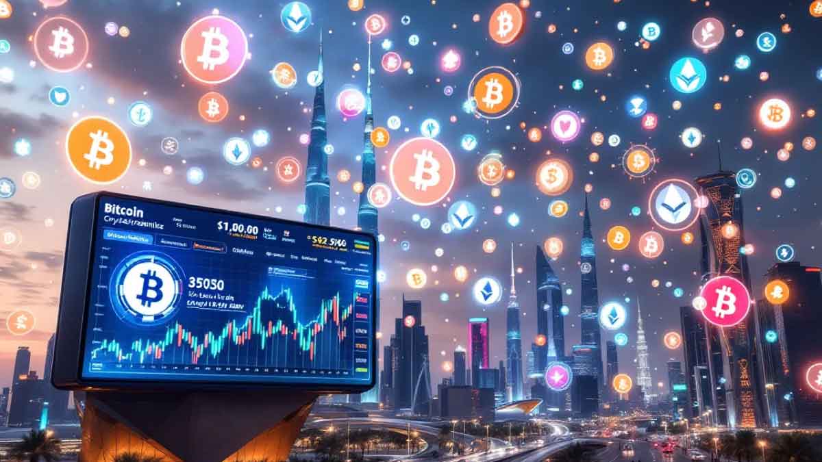 未来的なUAEの都市風景の上空に浮かぶ仮想通貨のシンボルが、巨大なVAT申告書に反射している3Dイラスト