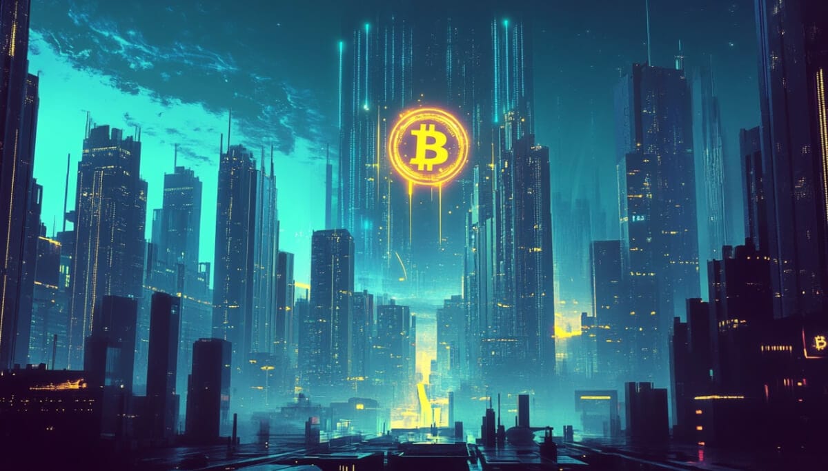 近未来都市のビル群の中央に突如出現したビットコインキャッシュのシンボル