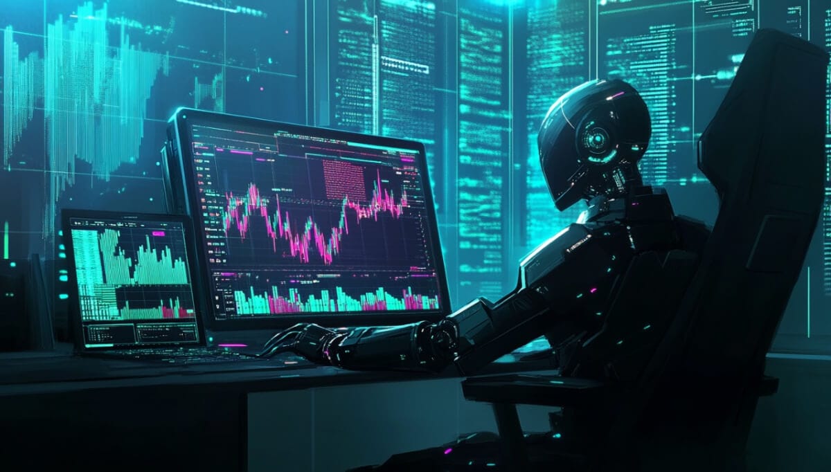 デジタル的なラボのデスクでチャートを確認するAIロボット