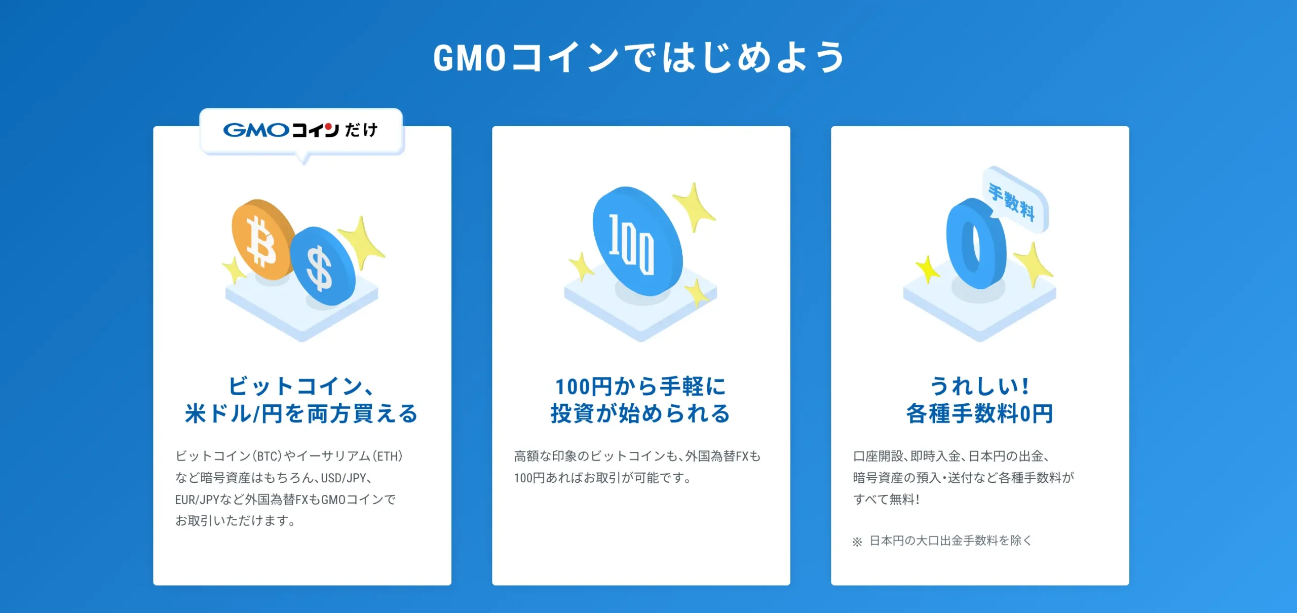 GMOコインの3つの主な特徴を説明するインフォグラフィック