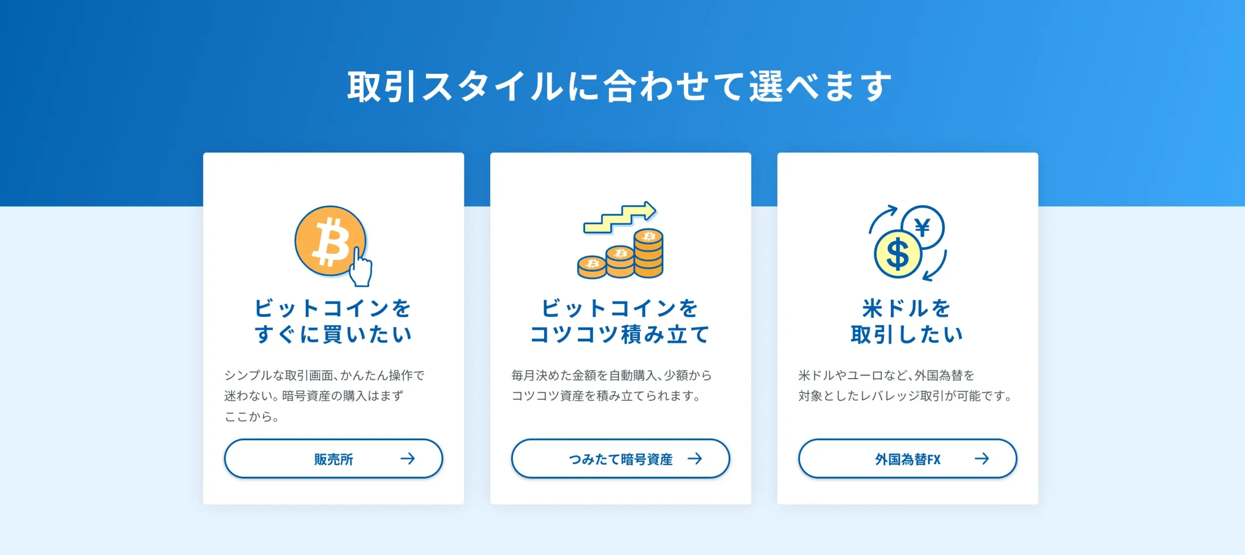 GMOコインの3つの取引スタイルを説明するイラスト