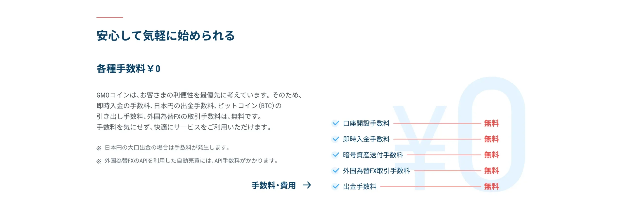 GMOコインの各種手数料が無料であることを示す説明文と一覧表