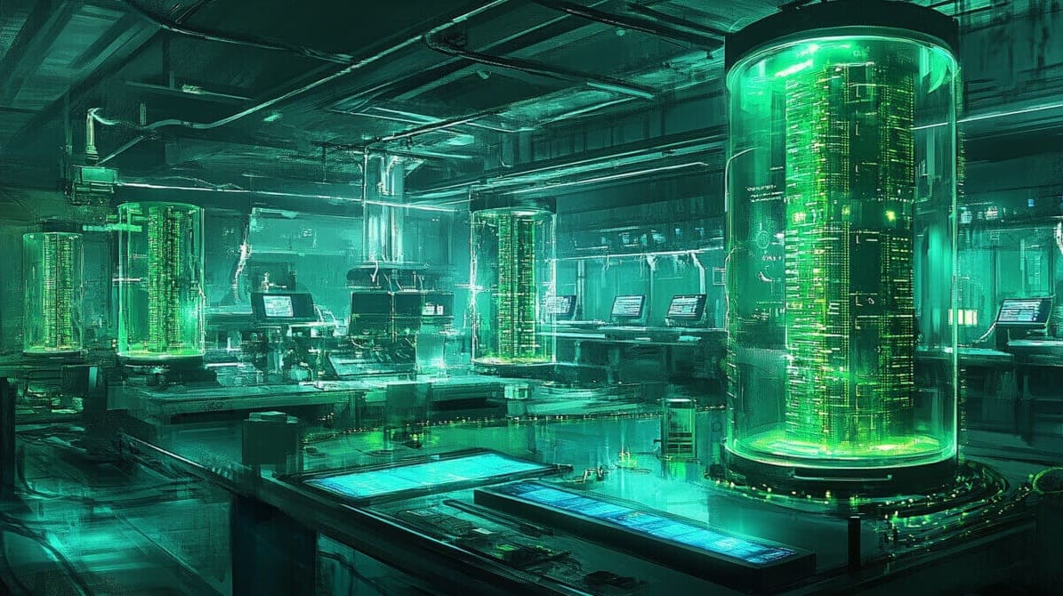 円筒形の基盤が収納された巨大な試験管が並ぶ近未来的なラボ