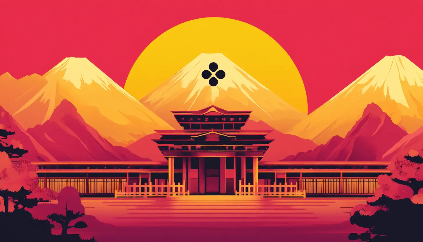 伝統的な日本の寺院建築を、富士山を背景に夕日とともに描いた芸術的なイラスト