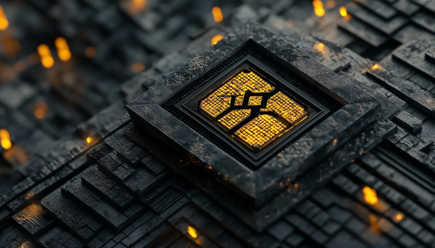 黒い立体的な背景の中央に、金色に輝くバイナンスのロゴマークが埋め込まれた未来的なデザイン