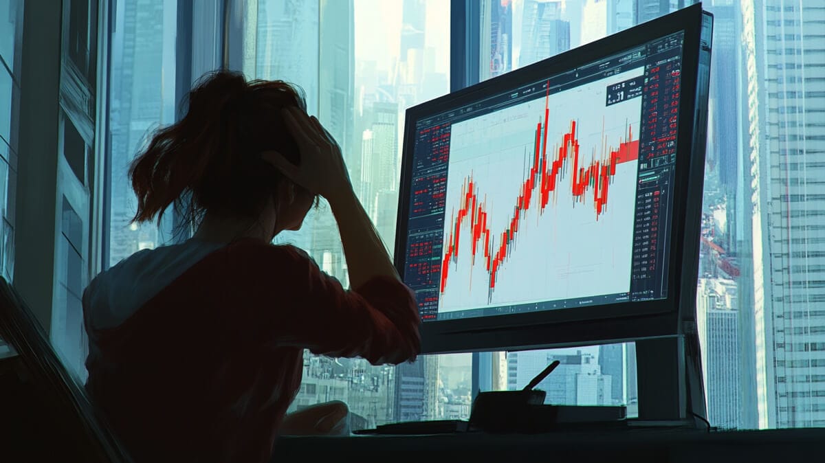 仮想通貨チャートのモニターの前で頭を抱える女性の後ろ姿
