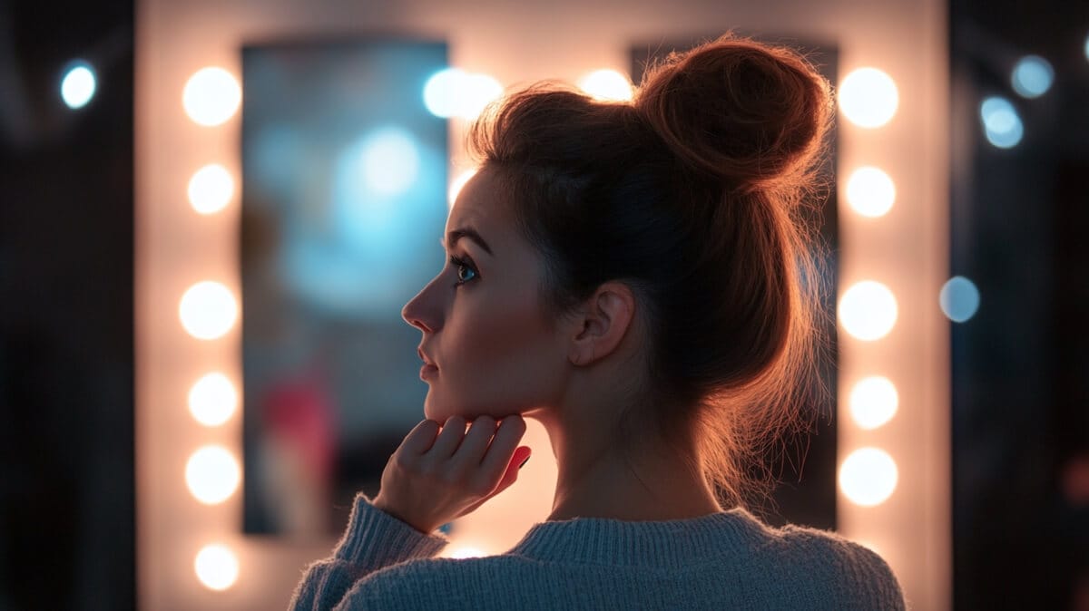 顎に手を添え横顔を見せる女性の後ろ姿