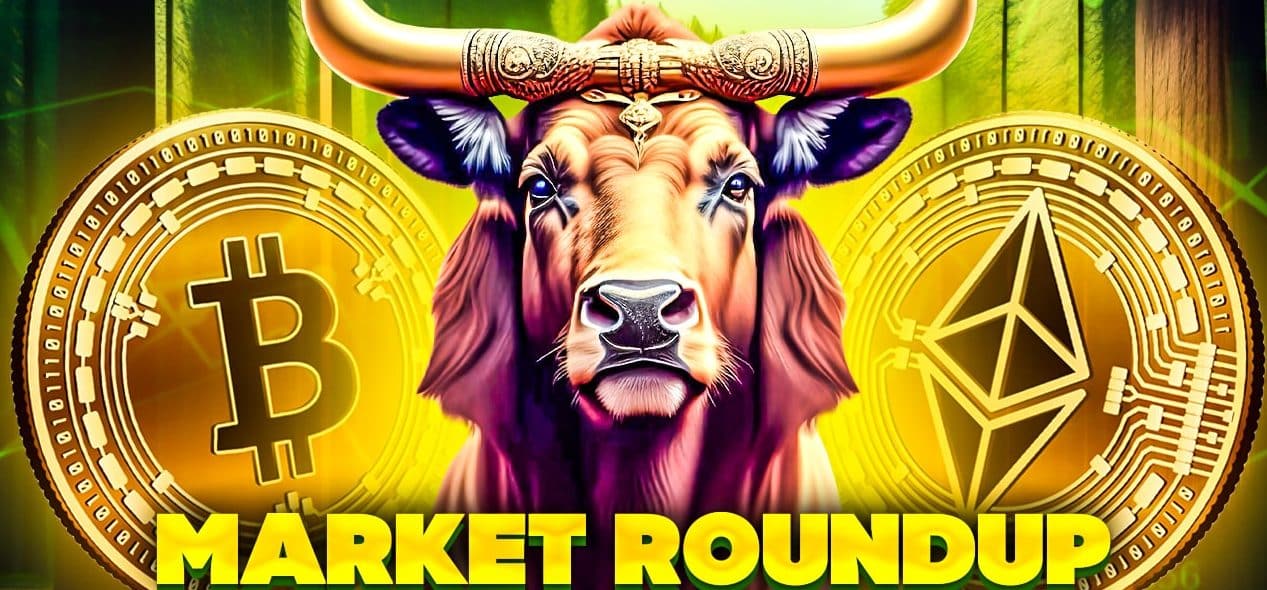 Een artistieke voorstelling van een stier met elementen van Bitcoin en Ethereum, die de bullish sentimenten in de cryptocurrency-markt vertegenwoordigt en de dynamiek van marktrondes benadrukt.