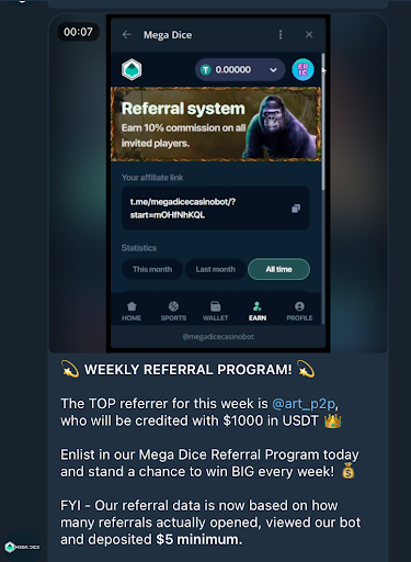 Mega Dice genereuze 25% revenue-share referral programma
