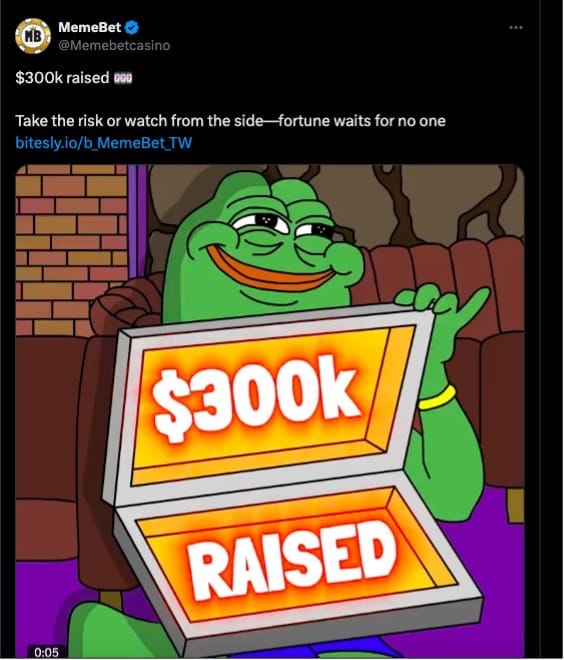 Pepe Unchained presale heeft al meer dan 300 K opgeleverd - Bron X account @memebetcasino