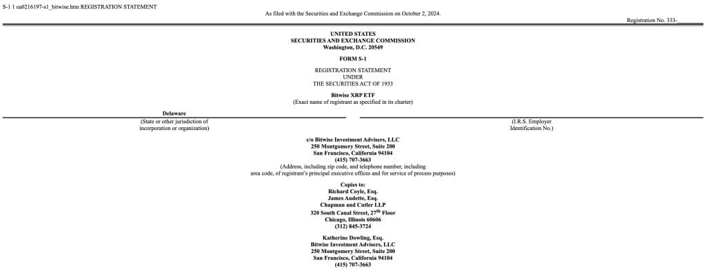 US SEC bevestigt Bitwise's XRP ETF-aanvraag