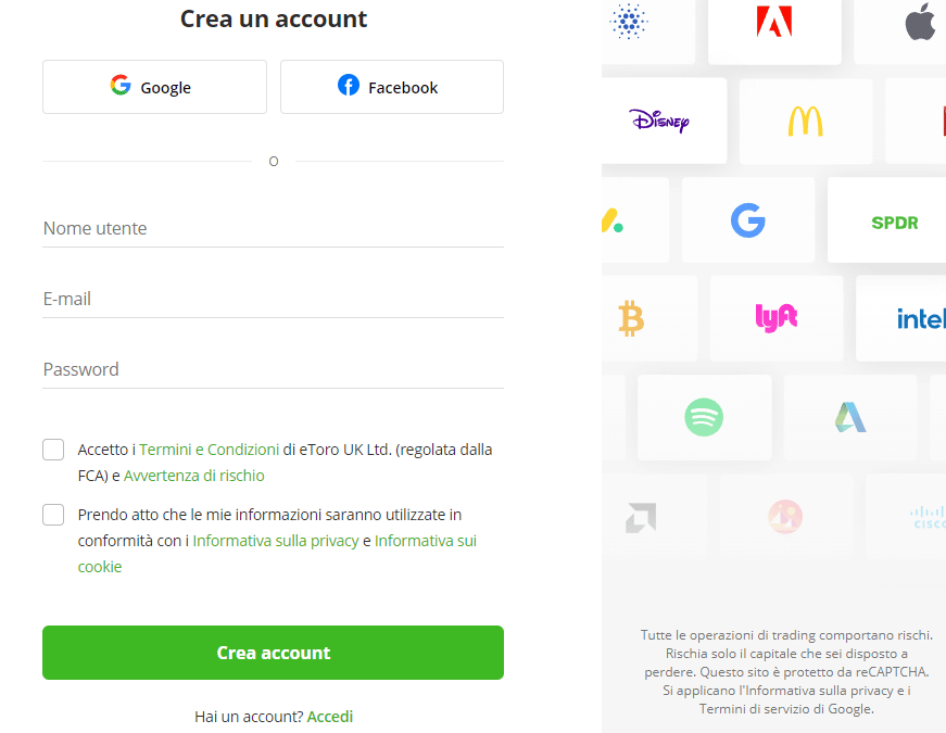 investire in criptovalute - registrazione etoro