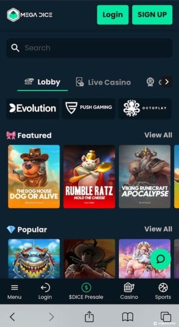 mega dice crypto casino mobile