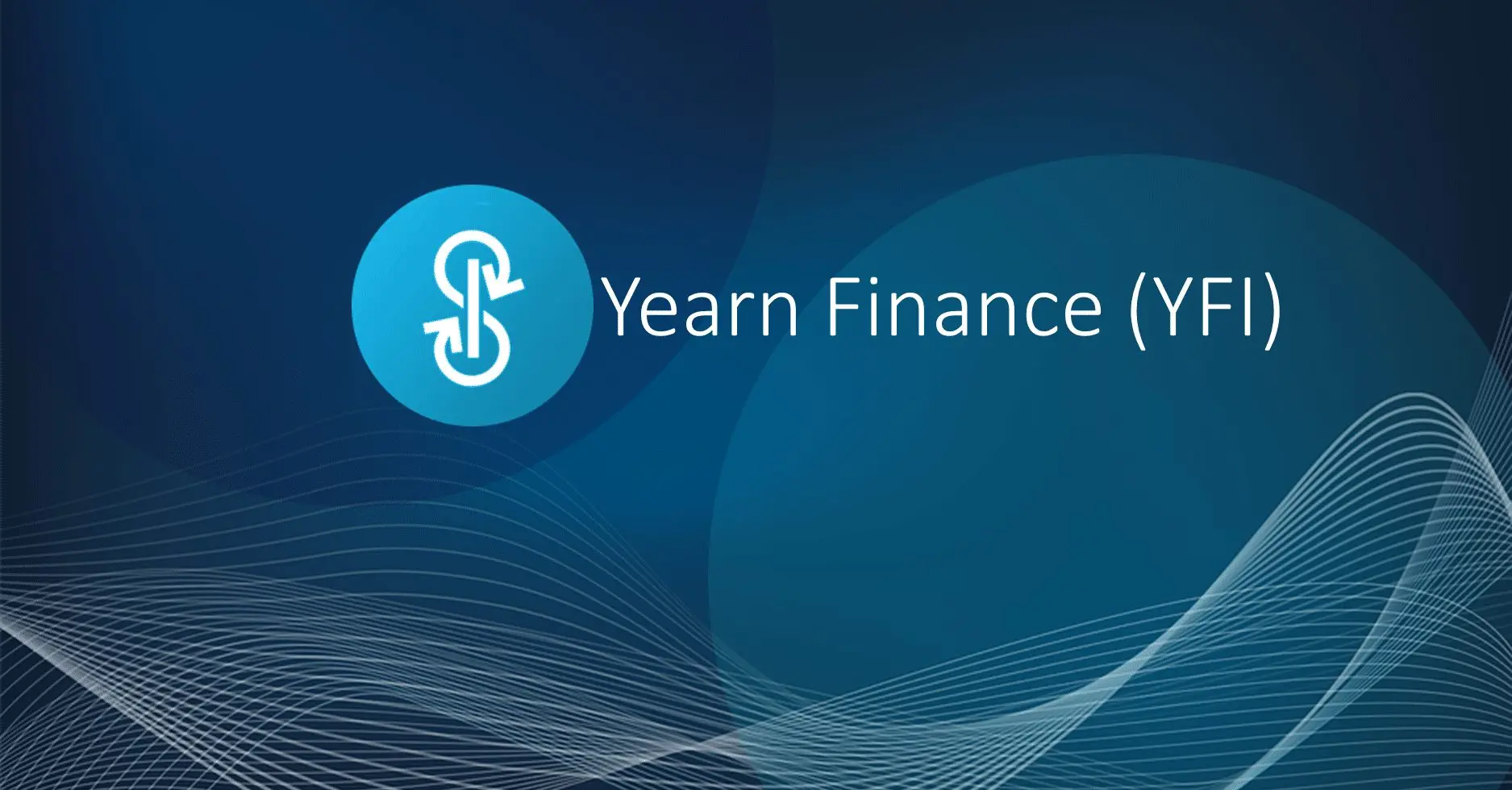Yearn Finance (YFI) logo and text on a dark blue digital background with abstract white wave lines