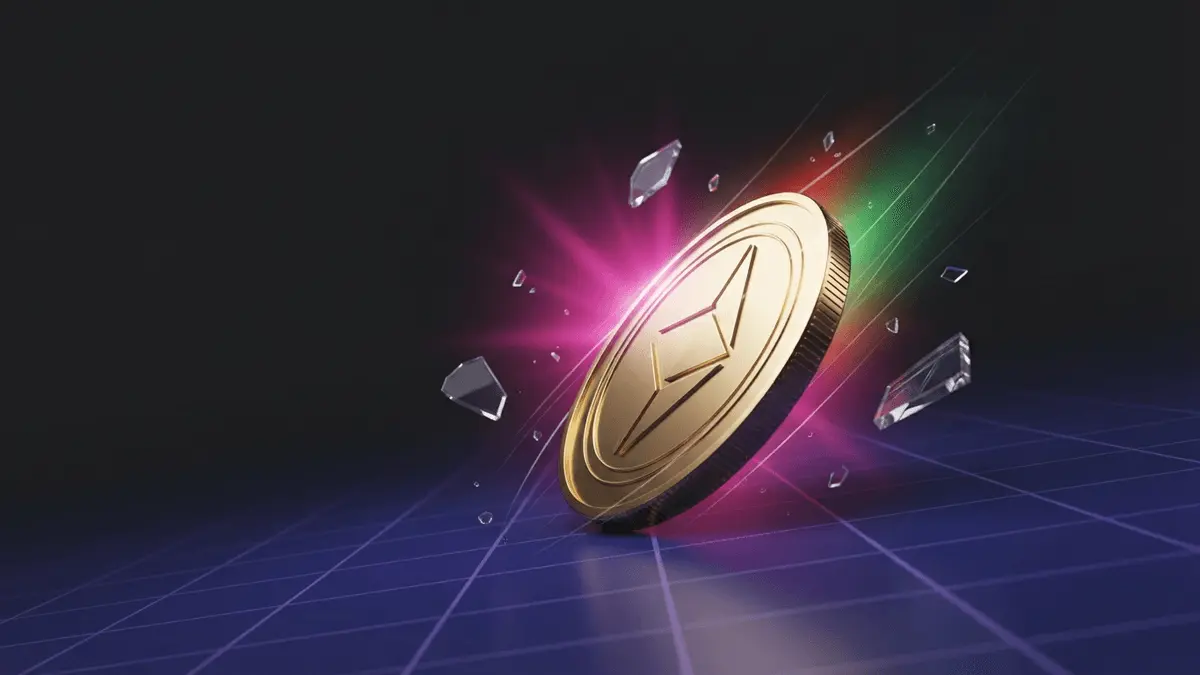 Luminous cryptocurrency coin surging through a magenta-lit market grid during a short squeeze