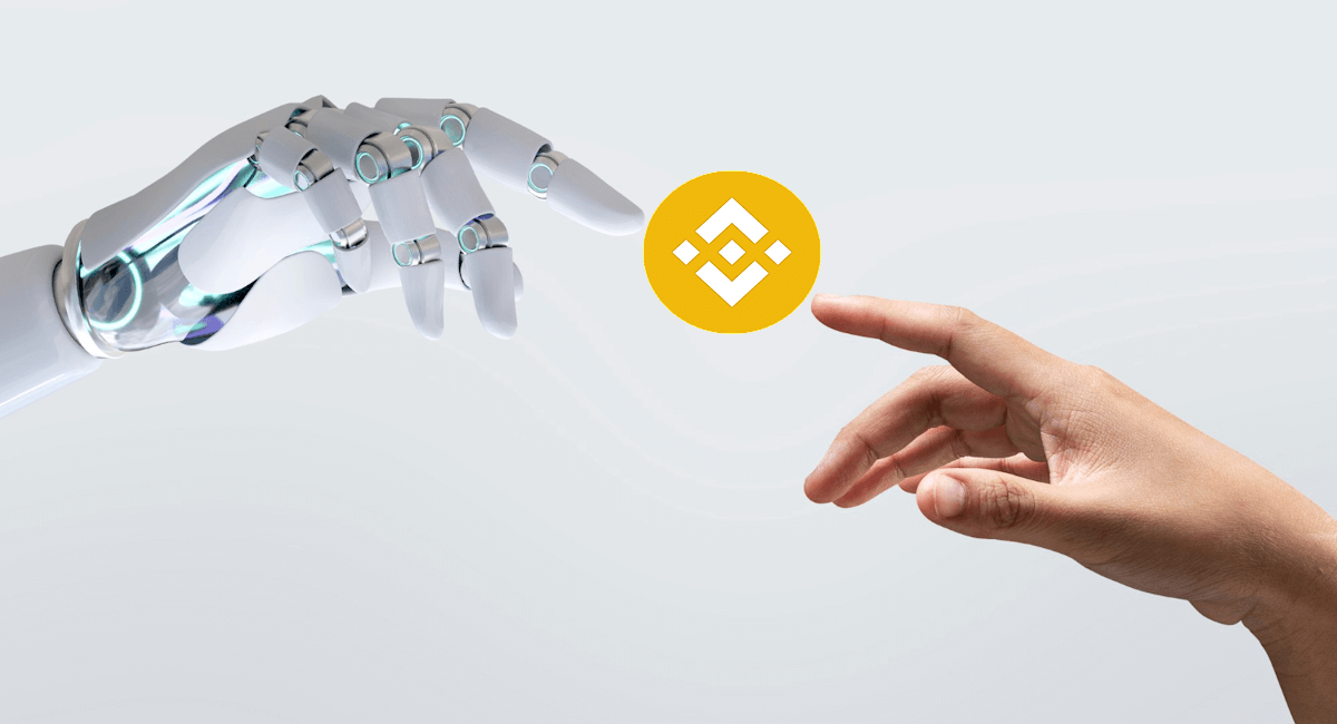 ذراع بشرية وذراع آلية تقتربان من بعضهما وبينهما شعار منصة بينانس