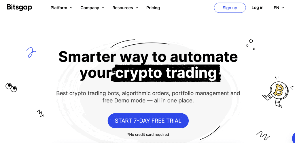 الصفحة الرئيسية لموقع Bitsgap تشمل خيارات تسجيل الدخول وإنشاء الحساب وغيرها