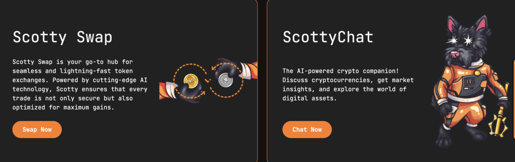 صورة ترويجية لأداة المبادلة وبرمجية الدردشة التفاعلية لمنصة Scotty the AI