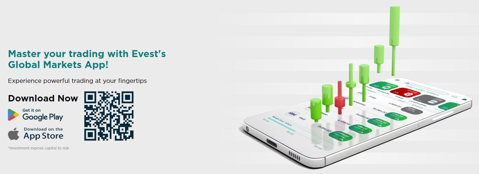 هاتف محمول فوقه شموع تداول وإلى اليسار رمز تحميل تطبيق إيفست على أجهزة أندرويد وآبل