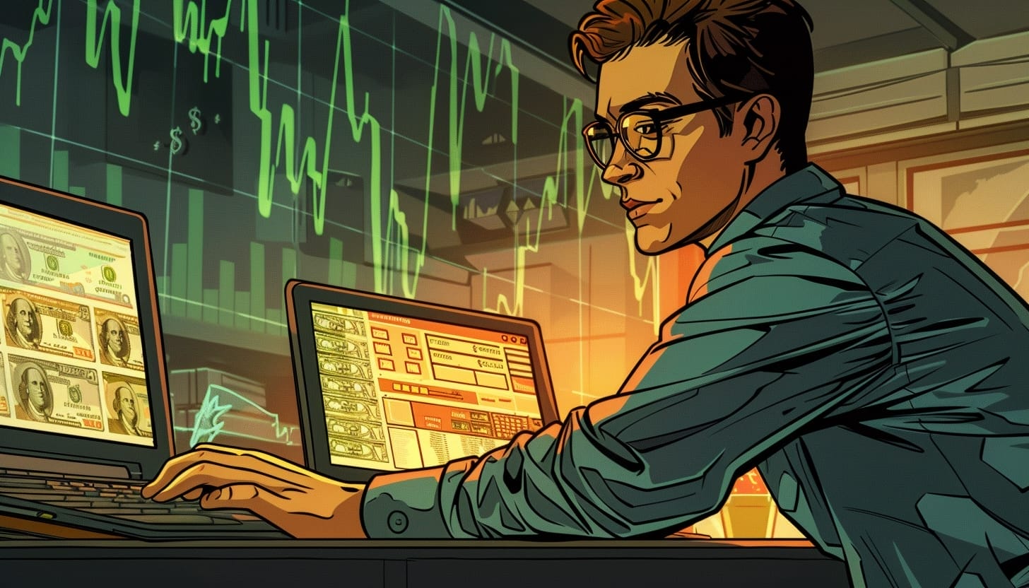 رجل يجلس أمام شاشات اللابتوب