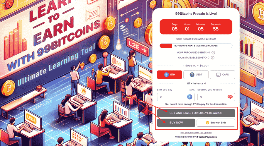 واجهة شراء ورهن عملة 99BTC وفي الخلفية أشخاص يتعلمون على حواسيبهم عبر منصة 99Bitcoins