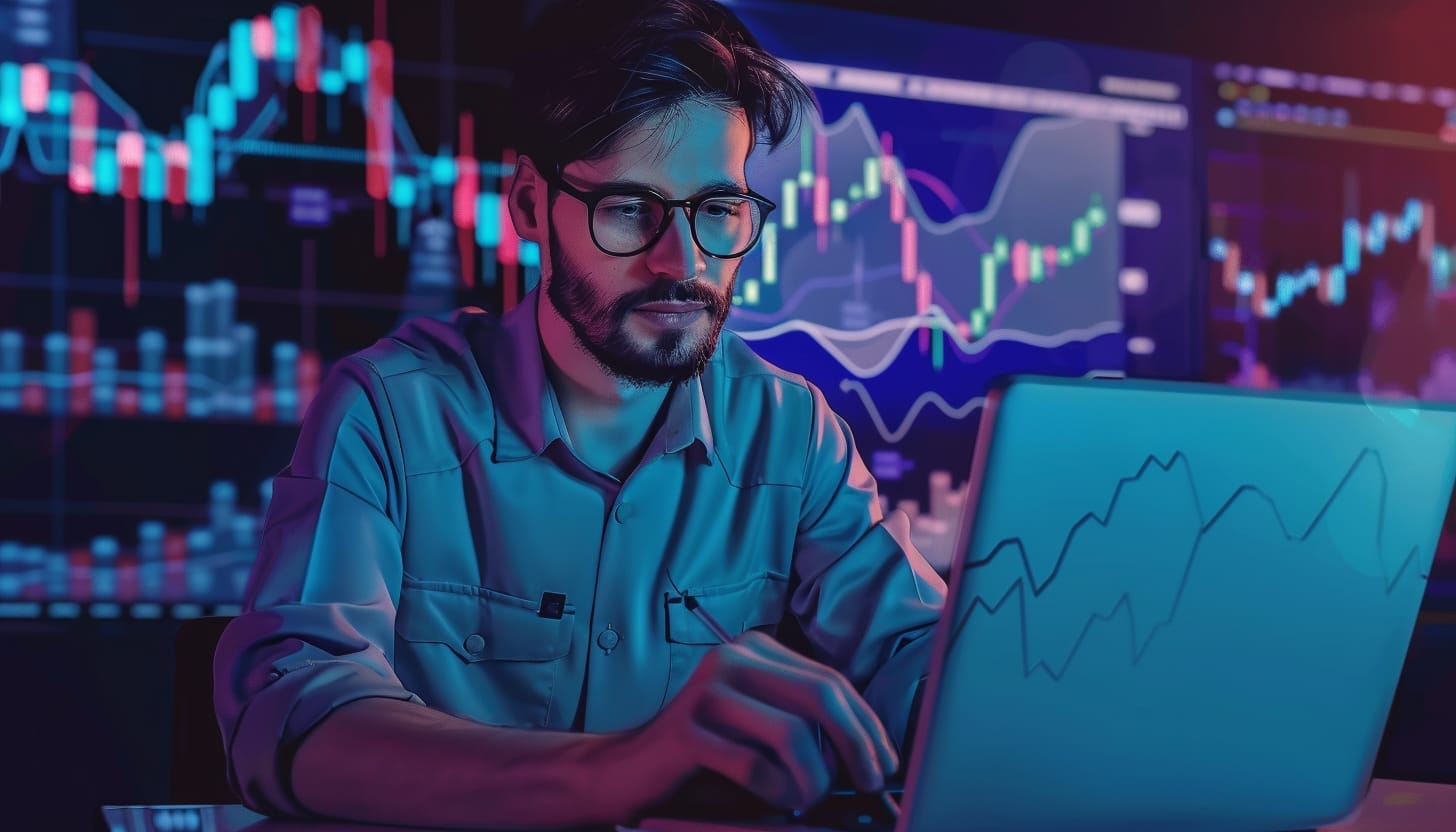 شاب يرتدي نظارات وقميصاً أزرق يجلس أمام حاسبه المحمول وخلفه شاشتان تعرضان بيانات تداول