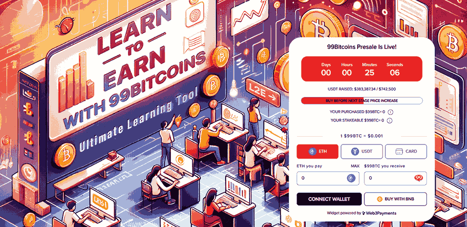 الصفحة الرئيسية لموقع اكتتاب عملة 99BTC يظهر أشخاصاً أمام حواسيب شخصية مع وجود عملات بيتكوين على الحائط، ولوحة معلومات البيع المسبق