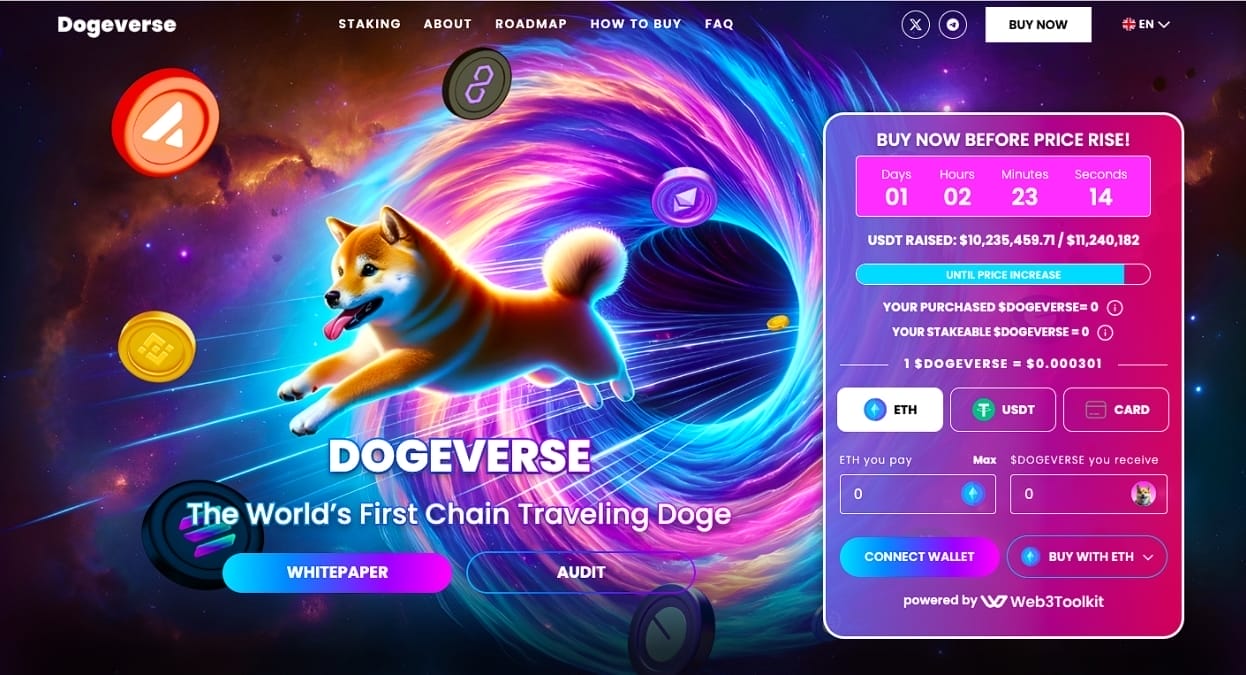 واجهة مستخدم موقع Dogeverse ينبثق منها كوزمو وهو يطارد عملة طائرة ولوحة معلومات اكتتاب عملة DOGEVERSE