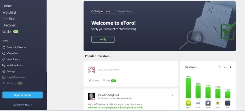 لقطة شاشة توضح كيفية إيداع الأموال في الحسابات على منصة eToro