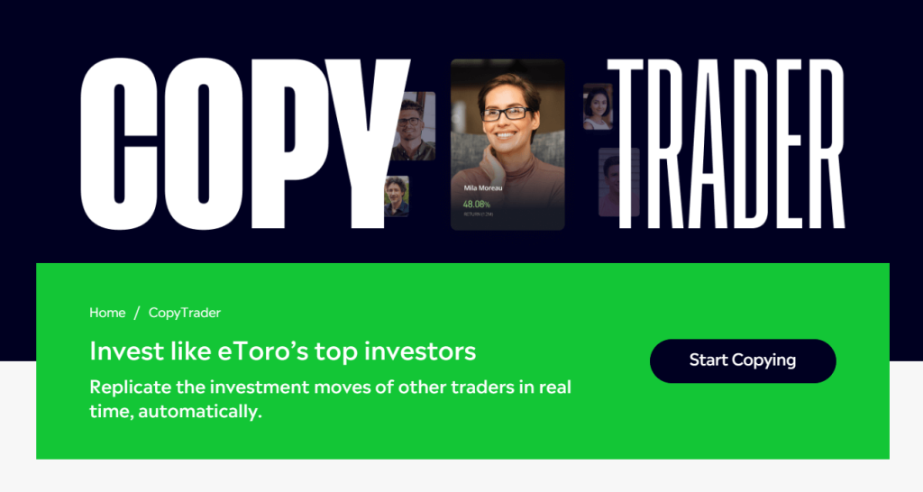 صفحة ميزة نسخ التداول على منصة eToro مع شرح مبسط لها وزرّ البدء