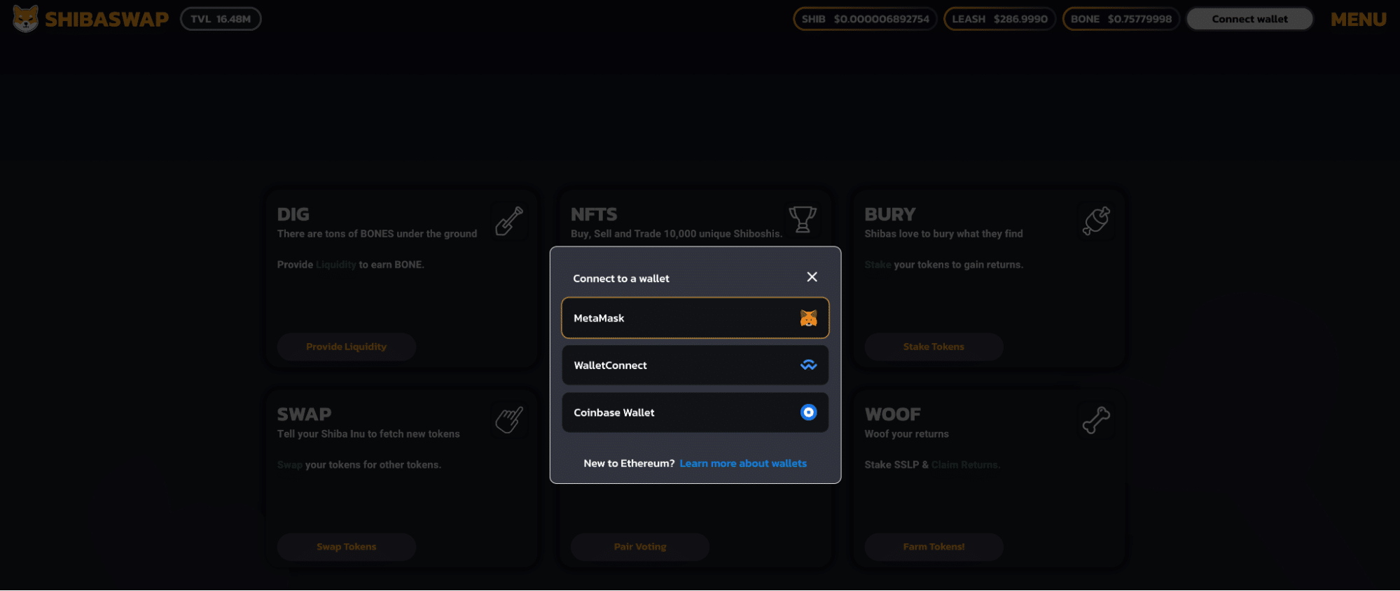 صورة تظهر كيفية ربط تطبيق ShibaSwap بمحافظ الكريبتو، ومن بينها Metamask