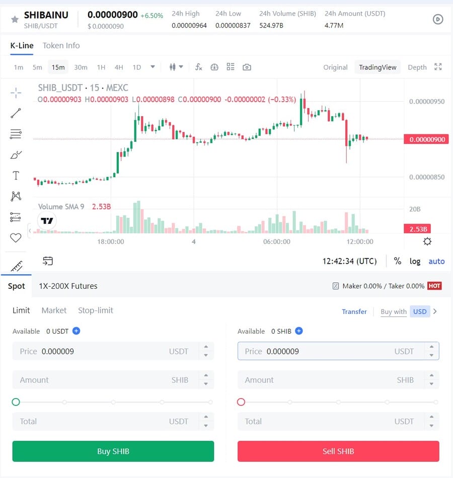 واجهة تداول عملة شيبا إينو على منصة MEXC