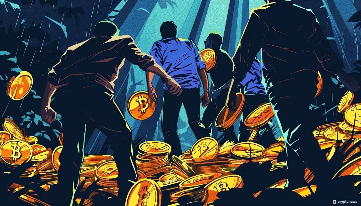 أشخاص يتزاحمون وسط عملات ذهبية تحمل شعار بيتكوين