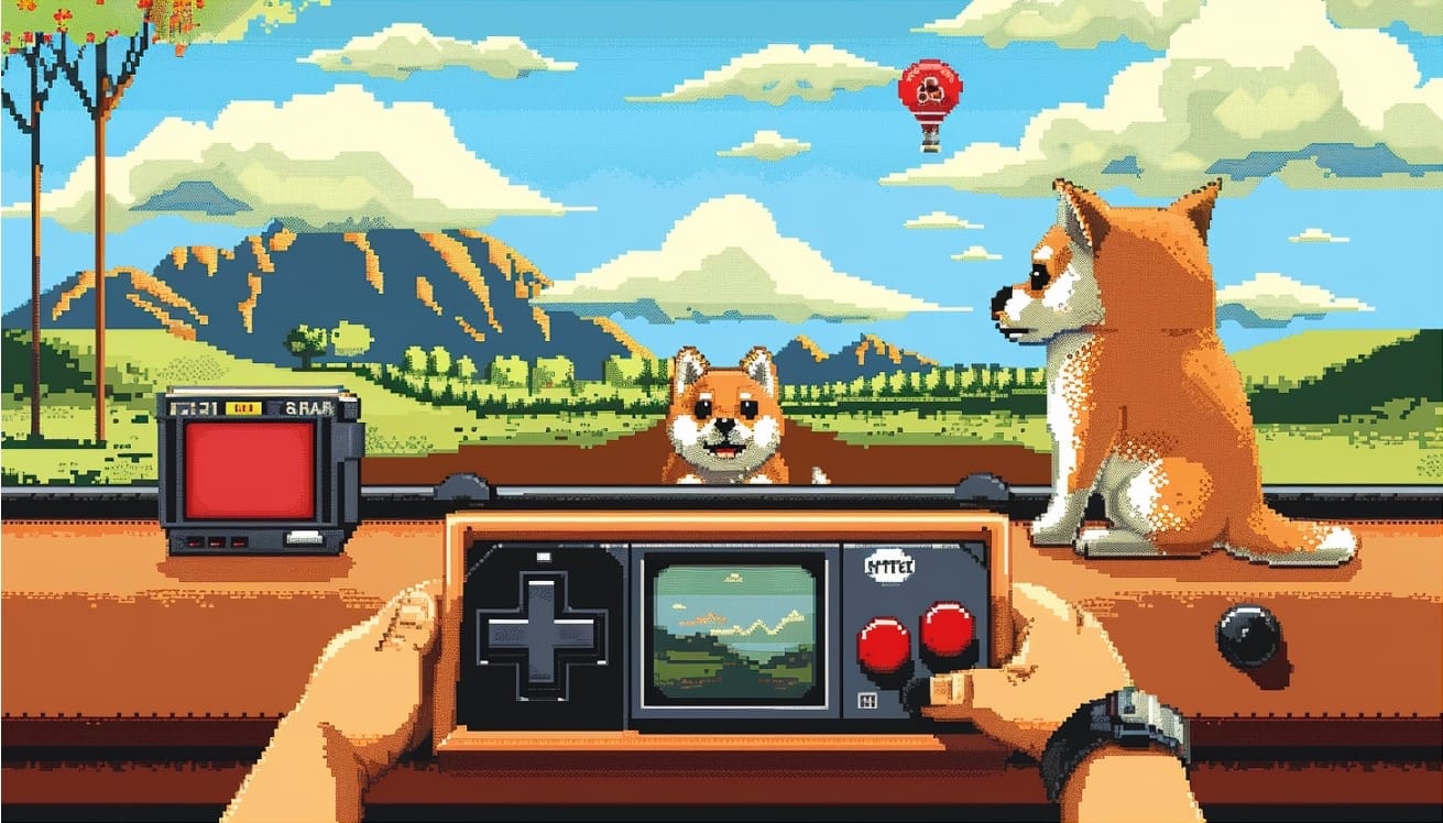 يد تمسك جهاز لعبة تاماغوتشي وأمامها كلب من فصيلة شيبا إينو