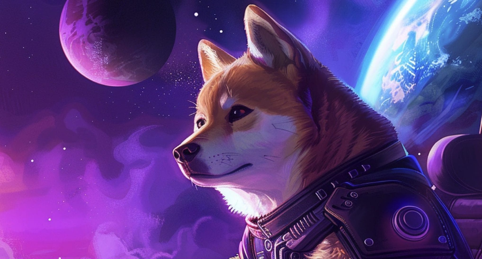 كلب من فصيلة شيبا إينو يرتدي بذلة رائد فضاء ومن ورائه كوكب الأرض