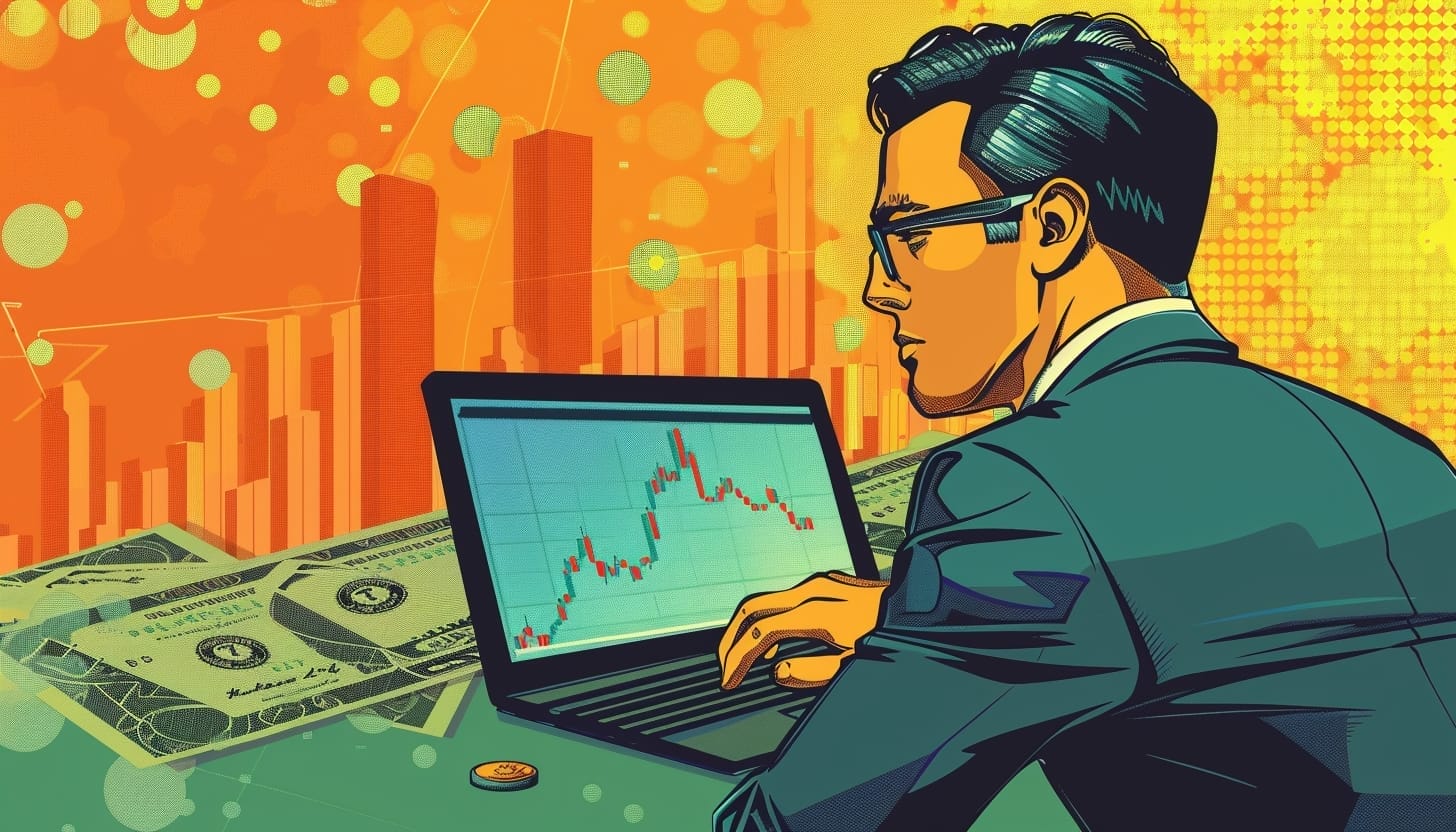 رجل بحلة رسمية أمامه لابتوب على شاشته مخطط بياني وأمامه عملات نقدية وفي الخلفية مباني شاهقة