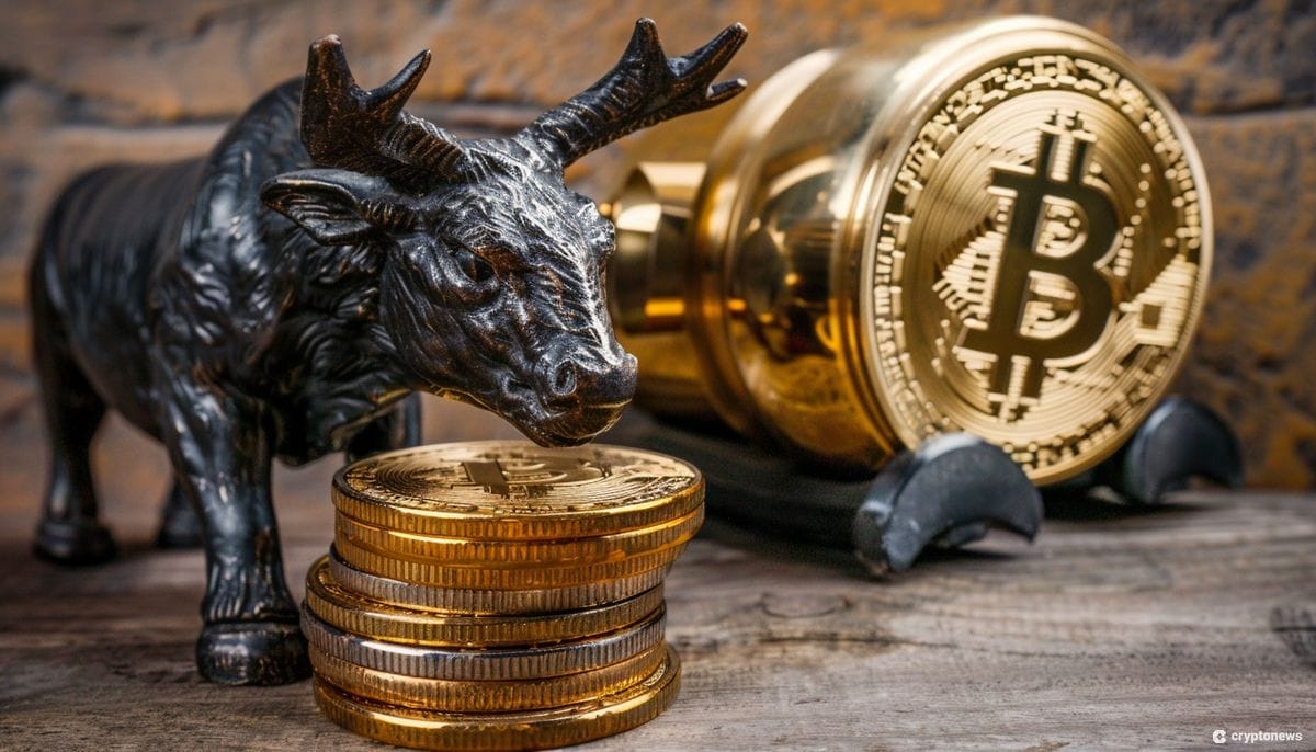 ثور تحته وإلى جانبه عملات بيتكوين ذهبية