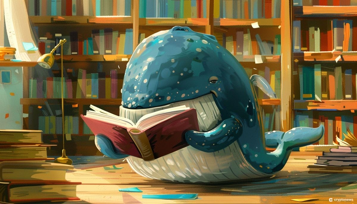 حوت يقرأ كتاباً وفي الخلفية تظهر مكتبة ضخمة