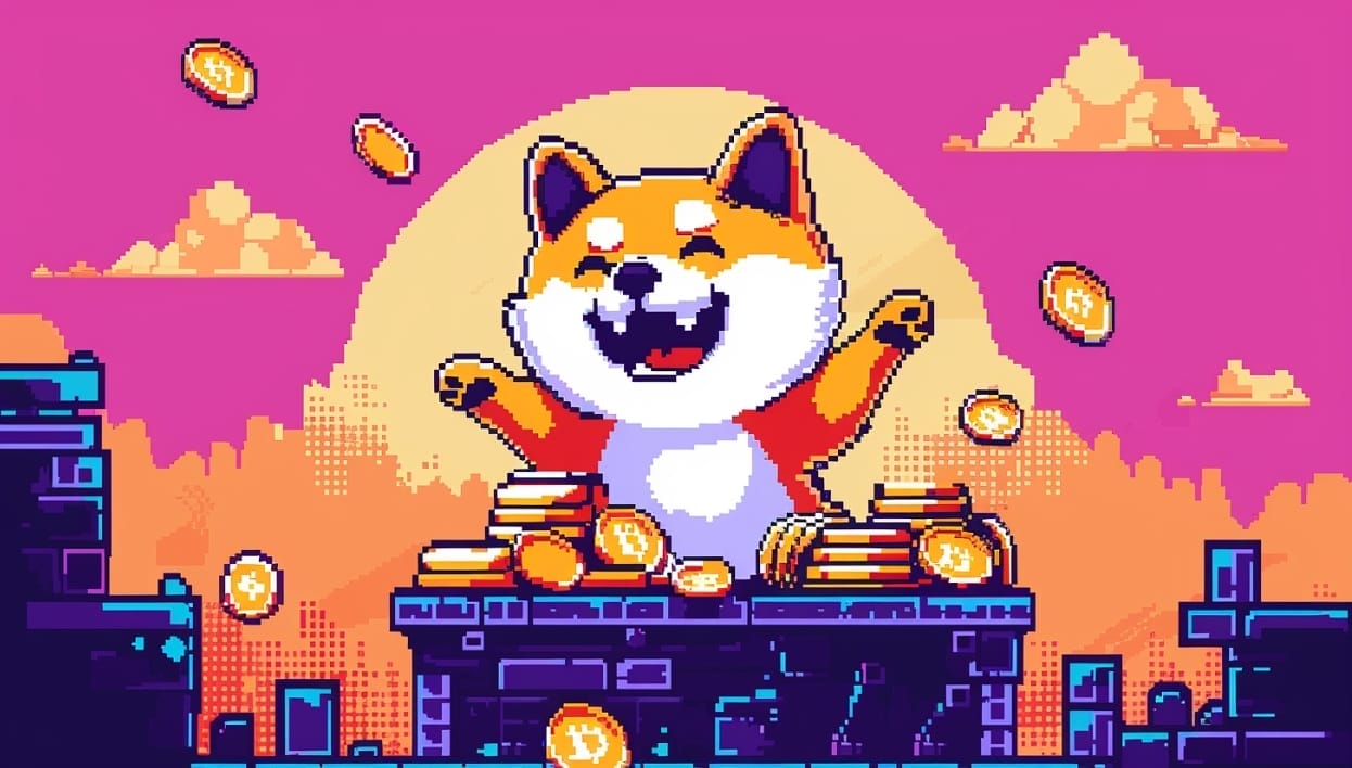 كلب PlayDoge في عالم بجودة 8 بكسل وحوله الكثير من عملات PLAY