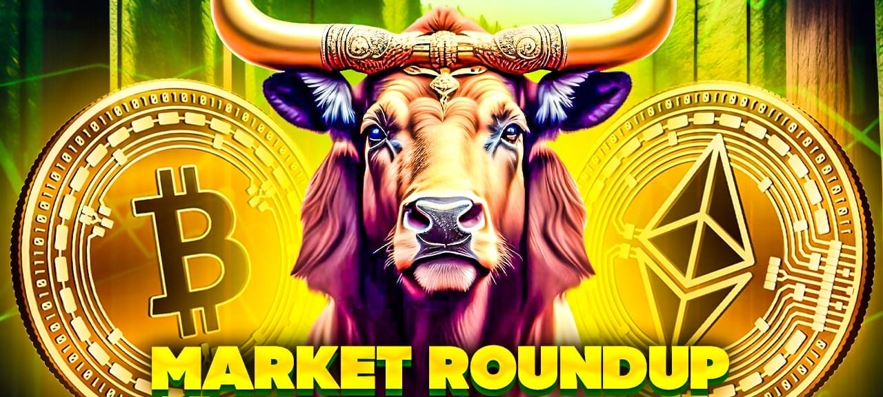 رأس ثور يتوسط شعاري بيتكوين وإيثيريوم وأمامه عبارة تحديث السوق