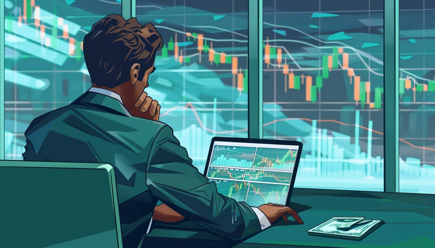 رجل جالس على مكتب يحدق بشاشة حاسوبه المحمول وأمامه مخططات بيانية