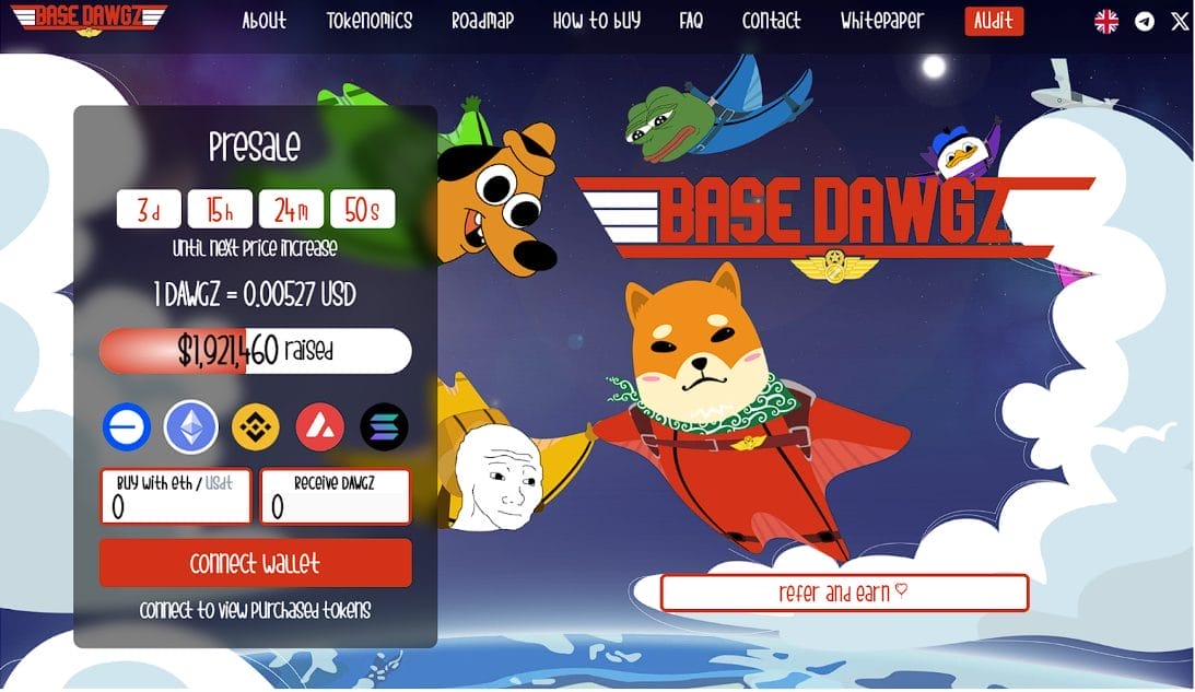 واجهة اكتتاب Base Dawgz بموقعها الإلكتروني