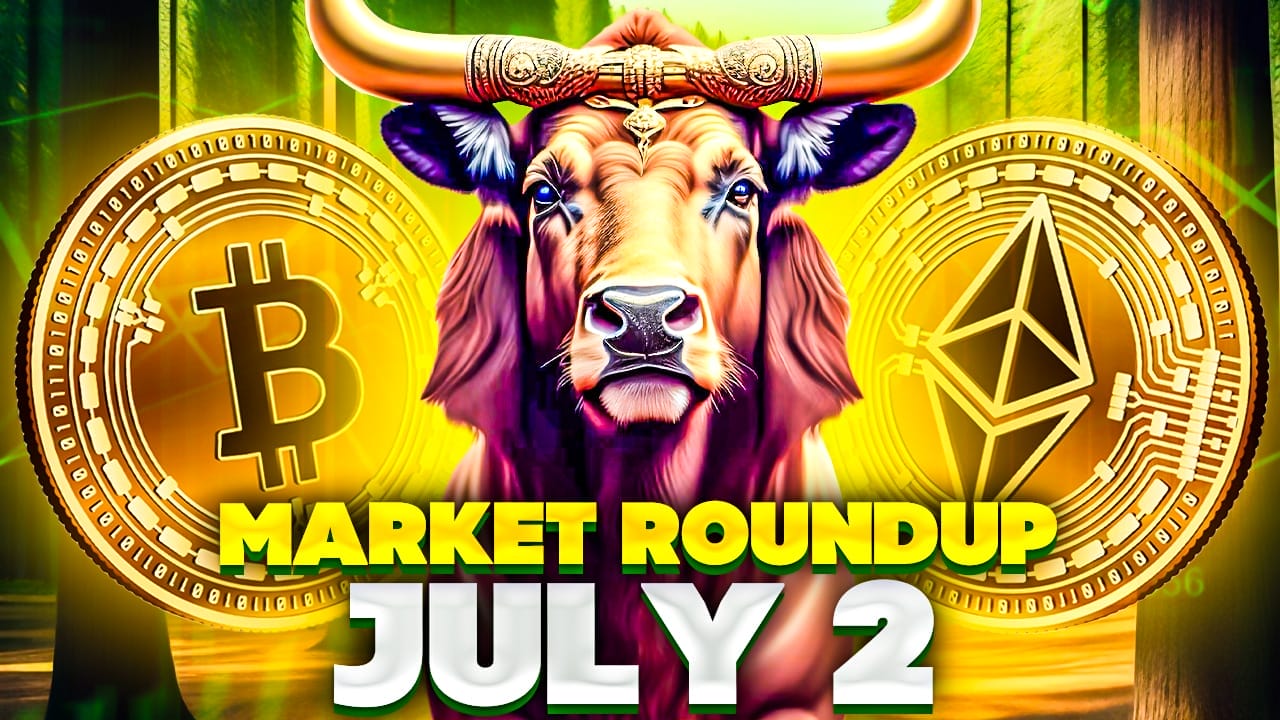 رأس ثور يتوسط شعاري بيتكوين وإيثيريوم وفي الأسفل عبارة تحديث السوق بتاريخ 2 تموز/يوليو