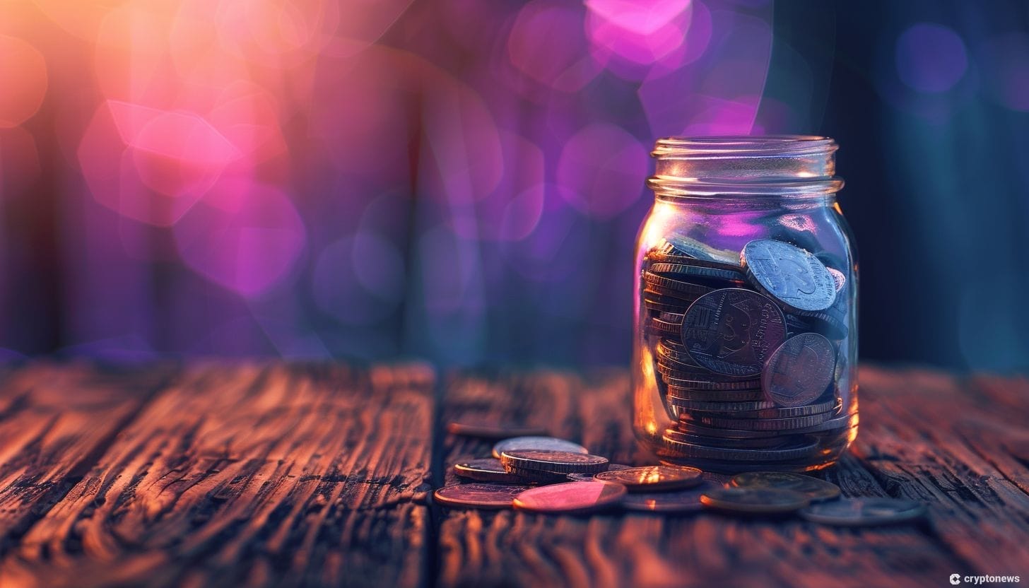 قطع نقدية معدنية داخل وعاء زجاجي على سطح طاولة خشبية قديمة