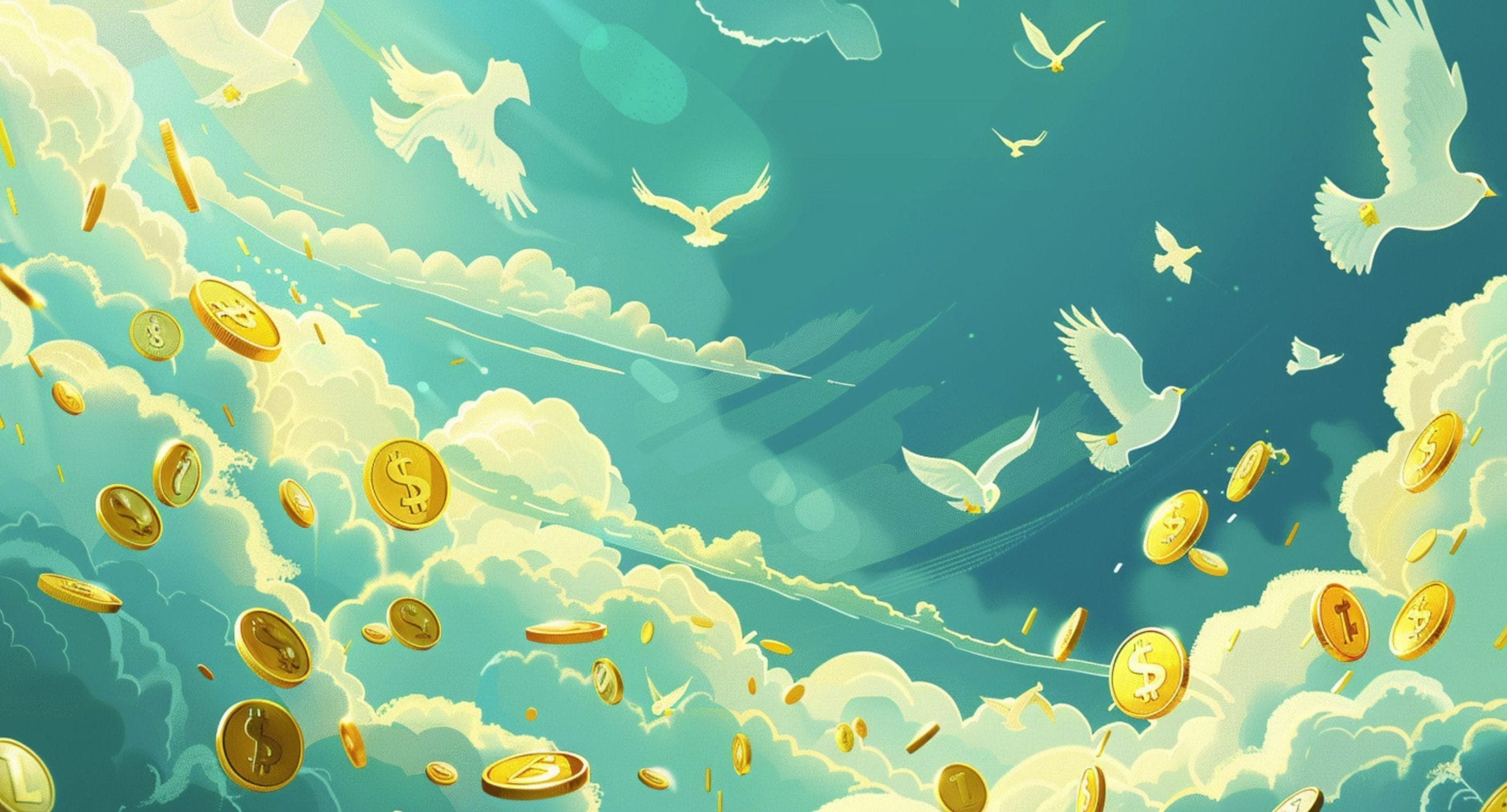 حمامات بيضاء تلتقط عملات ذهبية متطايرة في السماء تحمل علامة الدولار