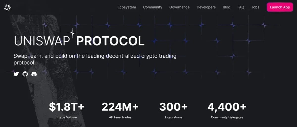 الصفحة الرئيسية في موقع Uniswap